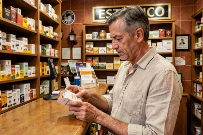 Homme examinant une cartouche de cigarettes dans un estanco espagnol, boutique de tabac réglementée en Espagne