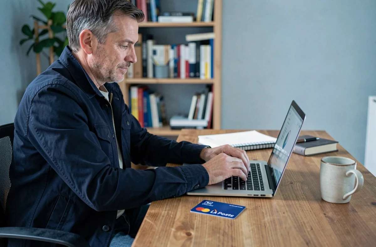 Homme effectuant un achat en ligne avec une carte prépayée La Poste depuis son bureau à domicile