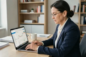 Femme professionnelle achetant des parts de SCPI en ligne sur son ordinateur portable dans un bureau à domicile moderne