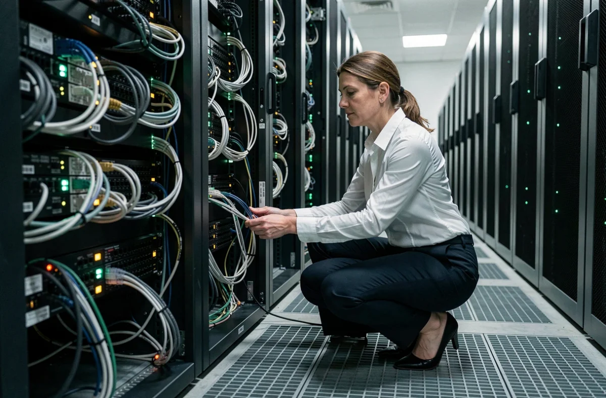 Administratrice réseau inspectant les câbles d'un commutateur réseau dans une salle serveurs pour diagnostiquer un échec de connexion CMUT