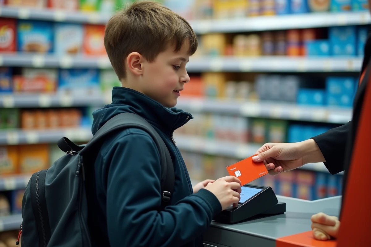 Adolescent payant sans contact avec sa carte Pixpay à la caisse d'une supérette pour maîtriser ses dépenses
