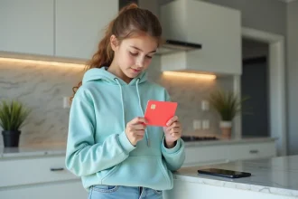 Adolescente tenant une carte bancaire prépayée Pixpay en regardant ses tarifs sur son téléphone dans une cuisine moderne