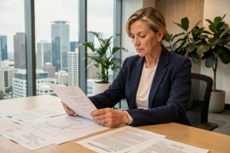 Femme analysant des documents d'investissement SCPI dans un bureau moderne