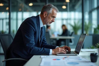 Analyste financier scrutant des graphiques de taux Euribor en hausse sur un écran d'ordinateur portable dans un bureau d'entreprise