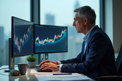 Analyste financier en costume regardant des graphiques en baisse