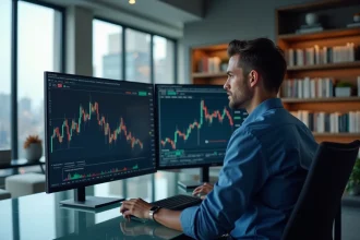Analyste financier consultant des graphiques d'actions et d'ETF sur plusieurs écrans dans un bureau moderne