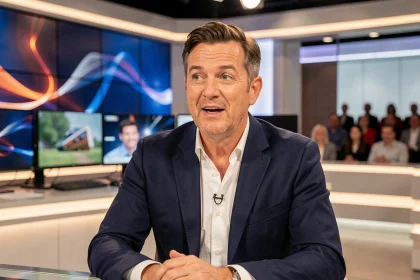 Animateur de télévision français assis derrière un bureau de plateau moderne, exprimant confiance et dynamisme lors d'une émission en direct