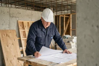 Architecte en chantier examinant des plans de construction liés à la garantie décennale