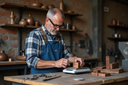 Artisan middle aged forgeur en atelier avec bronze et outils