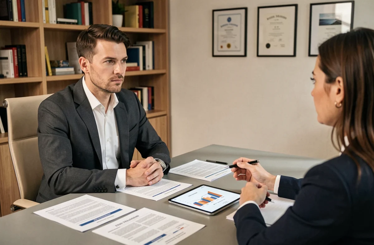 Consultant d'Atouts Conseils et Patrimoine analysant des rapports financiers avec ses clients