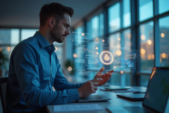 Exécutif bancaire moderne avec tableau financier holographique