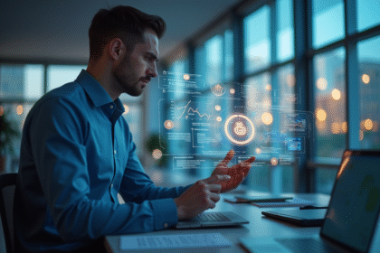 Exécutif bancaire moderne avec tableau financier holographique