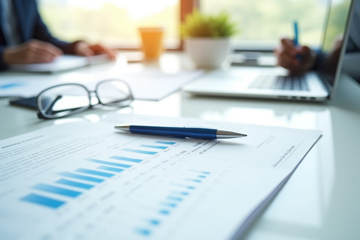 Détails de bilans financiers avec stylo et lunettes