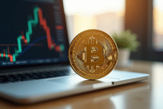 Bitcoin en or sur un bureau moderne avec ordinateur et lumière naturelle