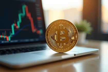 Bitcoin en or sur un bureau moderne avec ordinateur et lumière naturelle