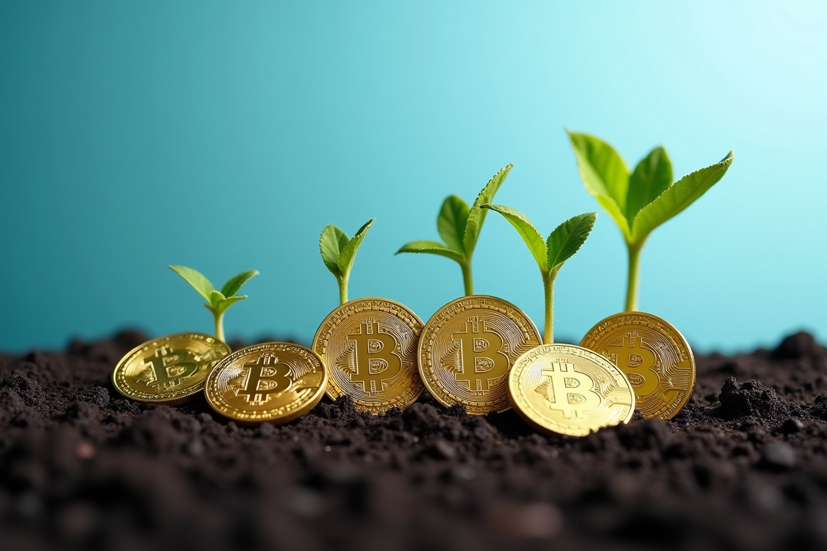 Bitcoins sur sol fertile avec jeunes pousses sous un ciel bleu