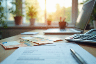 Bureau moderne avec billets euros et calculatrice