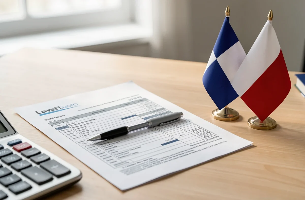Bureau avec formulaire fiscal, calculatrice et petits drapeaux français et espagnol