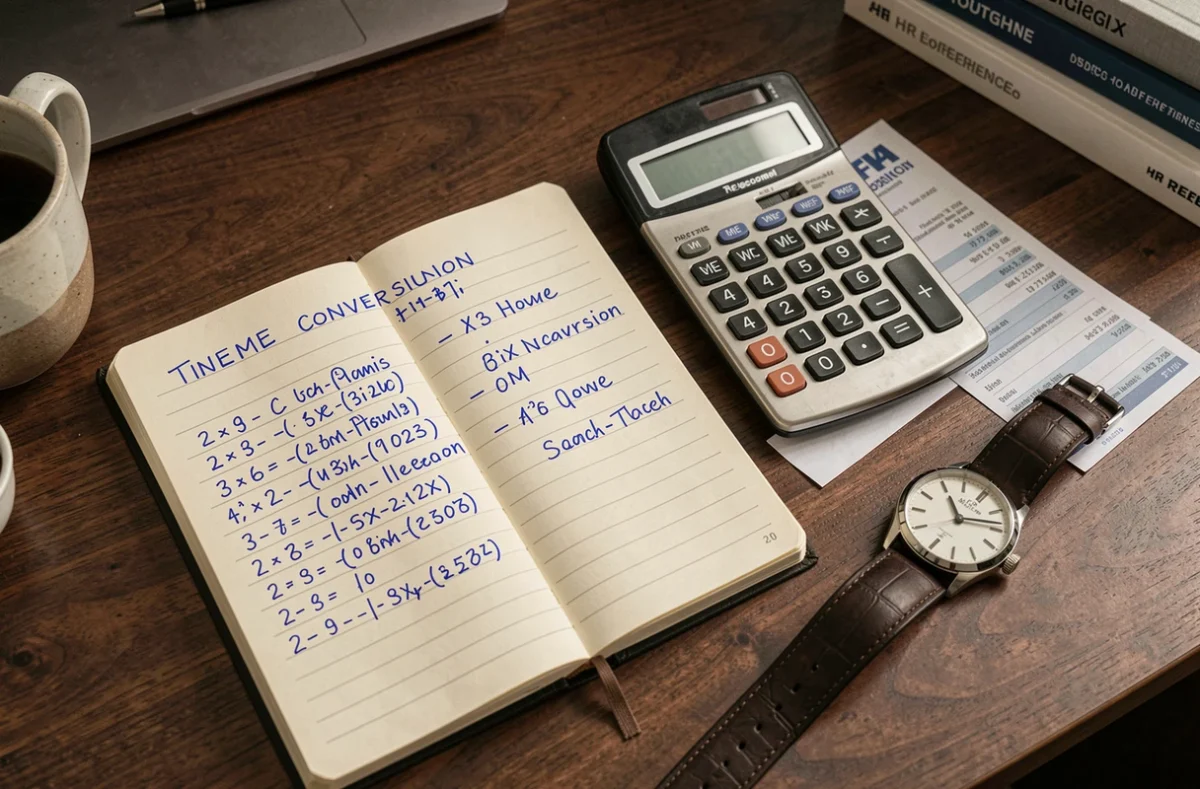 Vue aérienne d'un bureau avec calculs manuscrits de conversion en heures centièmes et bulletin de salaire