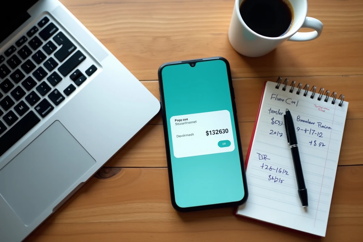 Vue en plongée d'un bureau avec smartphone affichant un virement bancaire en attente et un carnet de notes sur les délais de traitement