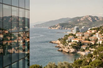 Vue panoramique de la région Provence-Alpes-Côte d'Azur avec un immeuble de bureaux moderne reflétant la Méditerranée, illustrant les cabinets de défiscalisation en PACA