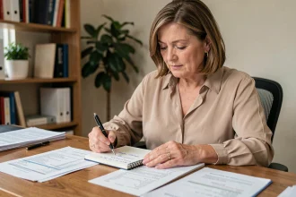 Femme consultant des documents fiscaux et des reçus de repas à son bureau pour calculer le plafond déductible
