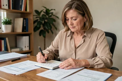 Femme consultant des documents fiscaux et des reçus de repas à son bureau pour calculer le plafond déductible