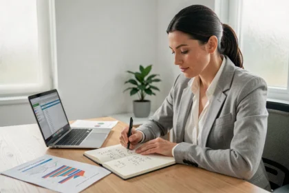 Femme calculant un taux d'évolution sur un bloc-notes avec des graphiques financiers et un ordinateur portable sur un bureau moderne
