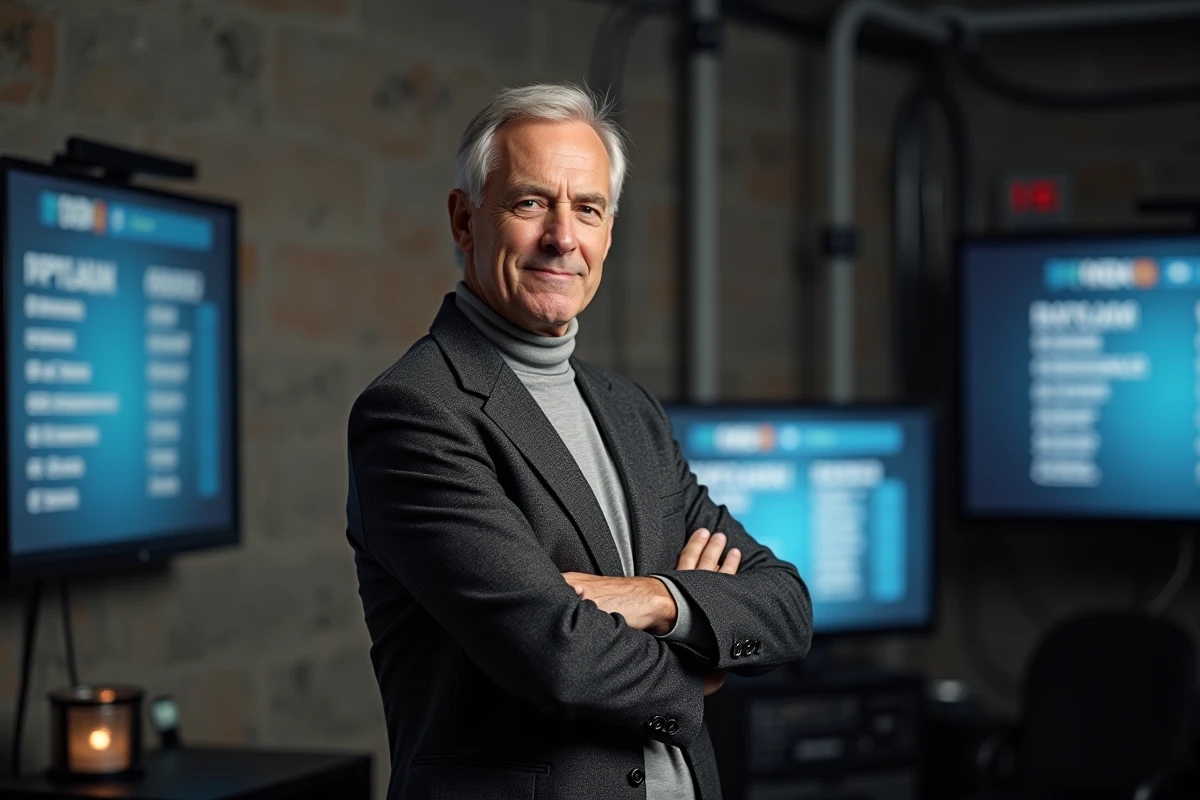 Producteur de télévision expérimenté debout en coulisses d'un studio télévisuel avec des écrans de production en arrière-plan