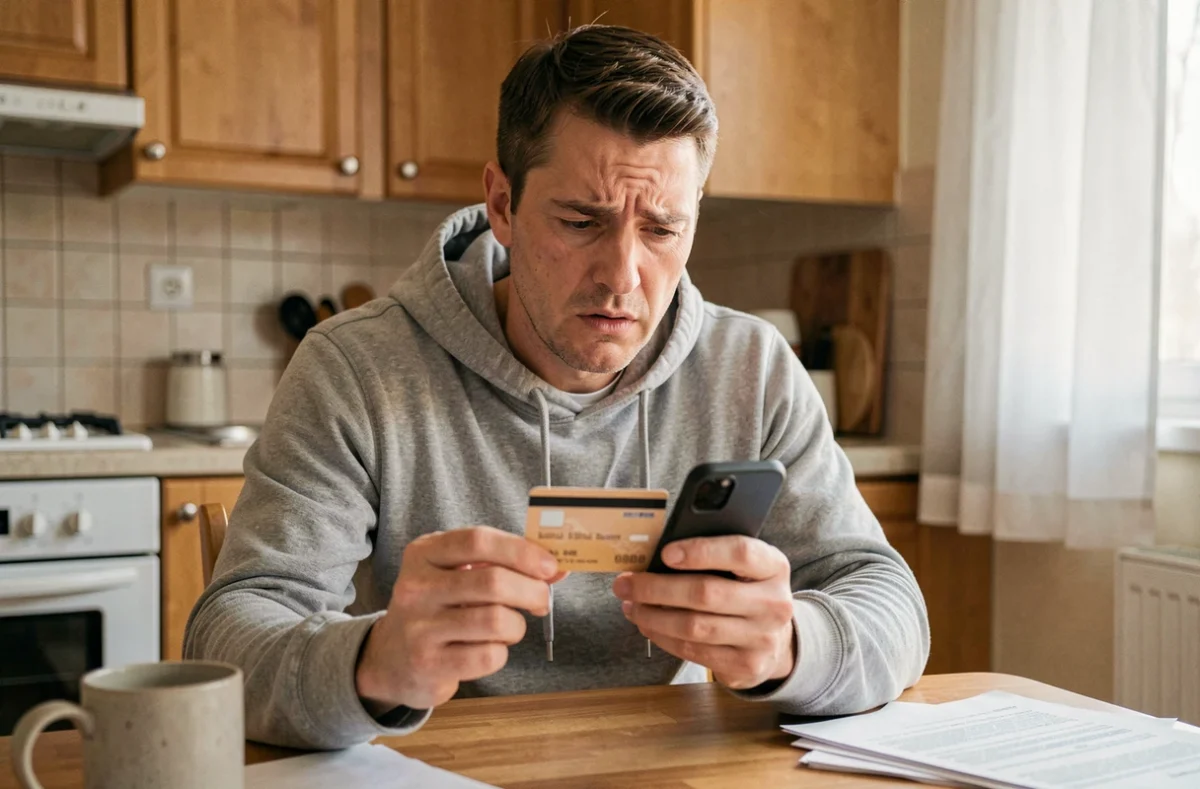 Un homme stressé tenant sa carte bancaire bloquée en regardant son téléphone à la recherche de solutions alternatives
