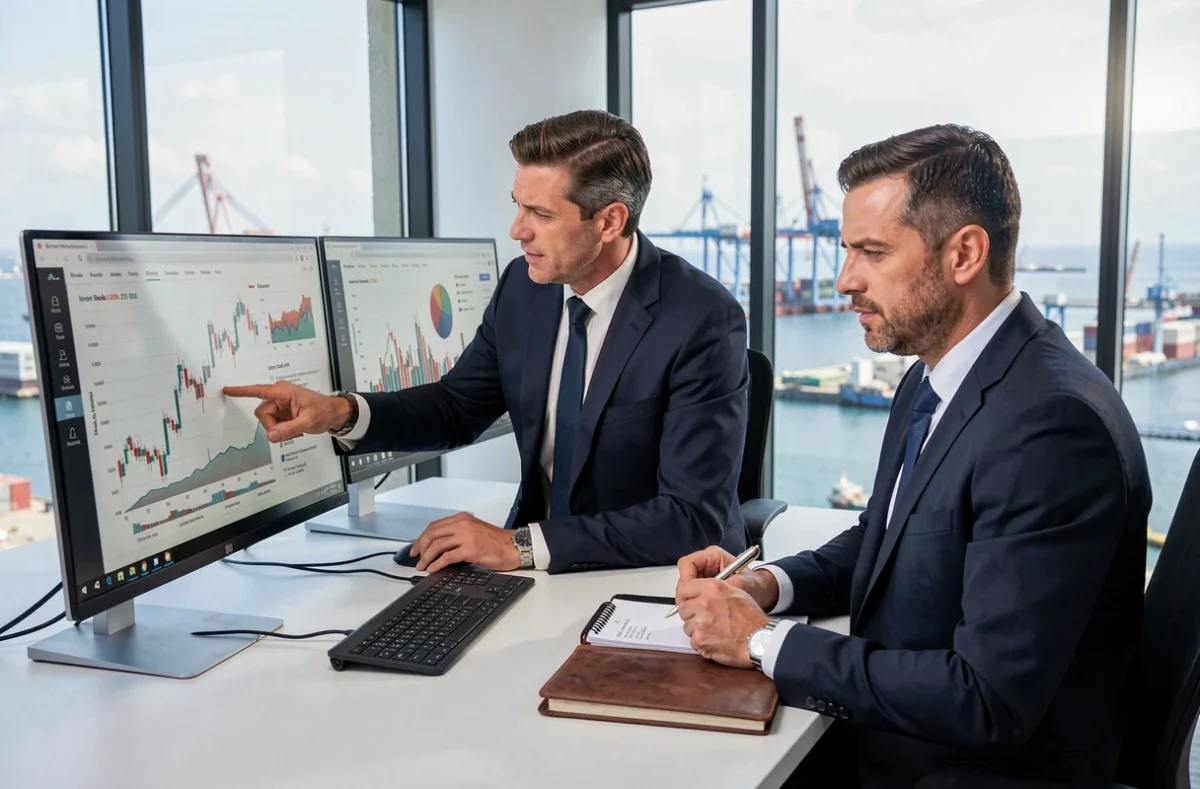 Gestionnaires de patrimoine privé de Centaure Investissements analysant des données financières dans leurs bureaux modernes à Marseille
