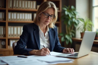 Femme consultant des documents fiscaux français sur son bureau à domicile pour déclarer des fonds récupérés via Ciclade