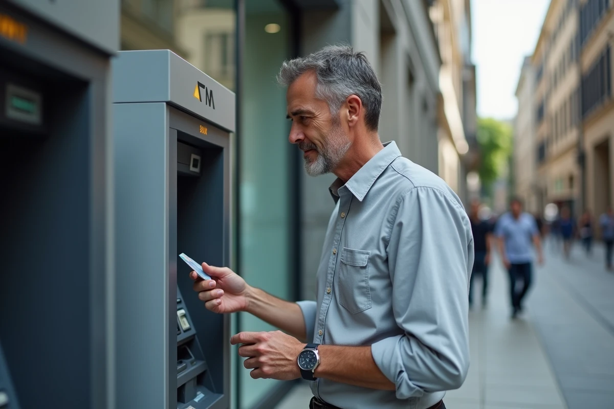 Client bancaire utilisant un distributeur automatique face aux changements liés à la fusion Crédit du Nord et Société Générale