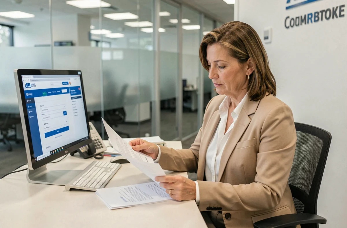 Cliente en agence bancaire vérifiant ses identifiants de connexion à son espace compte en ligne avec un conseiller
