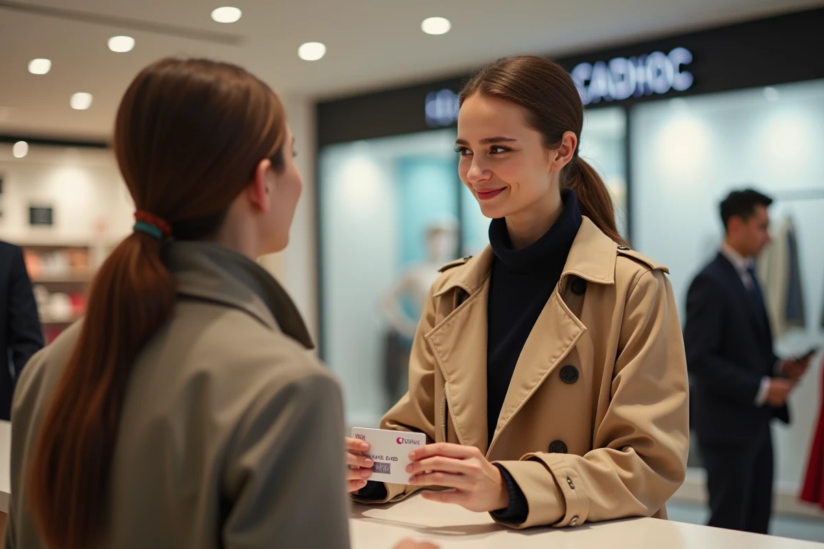 Jeune femme présentant sa carte Cadhoc à un conseiller en magasin pour vérifier son acceptation