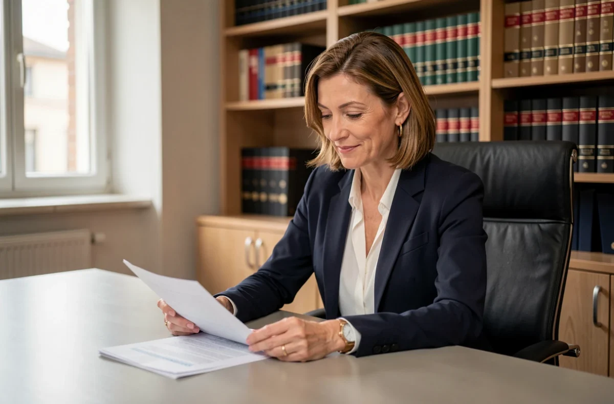 Notaire professionnelle Clio Lamothe à Toulouse, assise à son bureau et consultant des documents juridiques