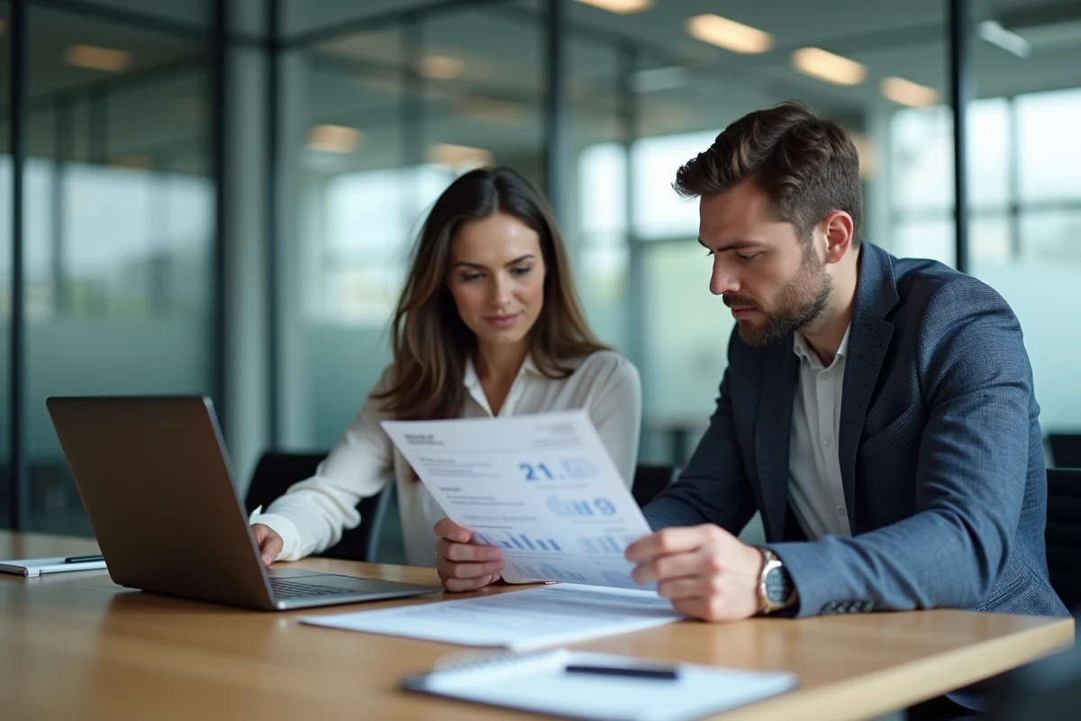 Deux collaborateurs analysant ensemble les virements et prélèvements d'entreprise sur l'interface BPS Cyberplus en salle de réunion