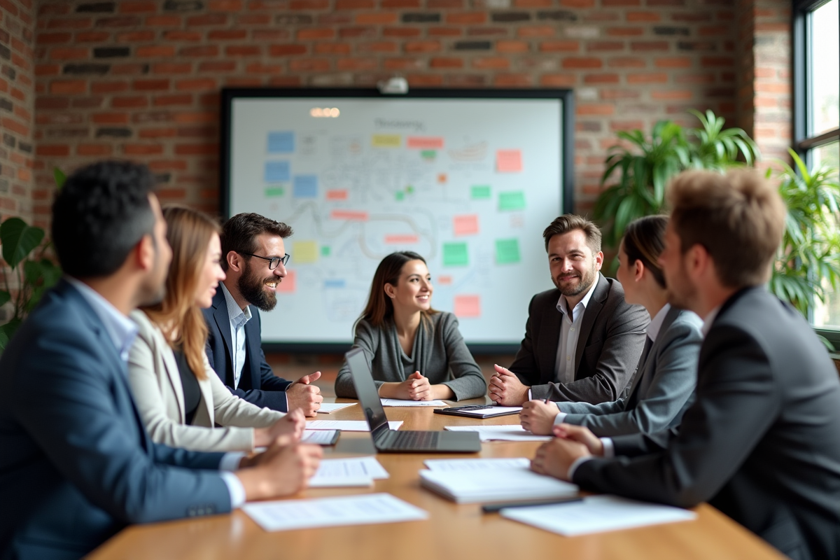 Groupe de collègues en discussion dans une salle moderne