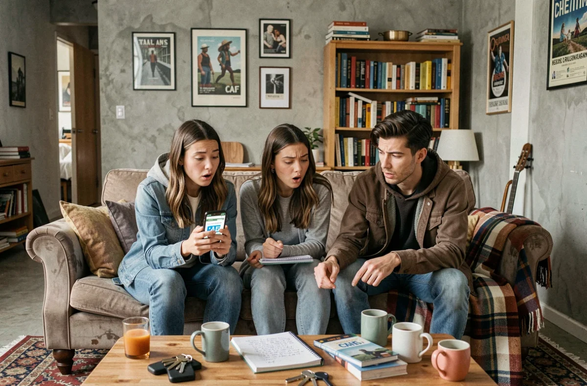 Trois colocataires consultant le site CAF pour calculer leur APL premier mois dans leur appartement partagé