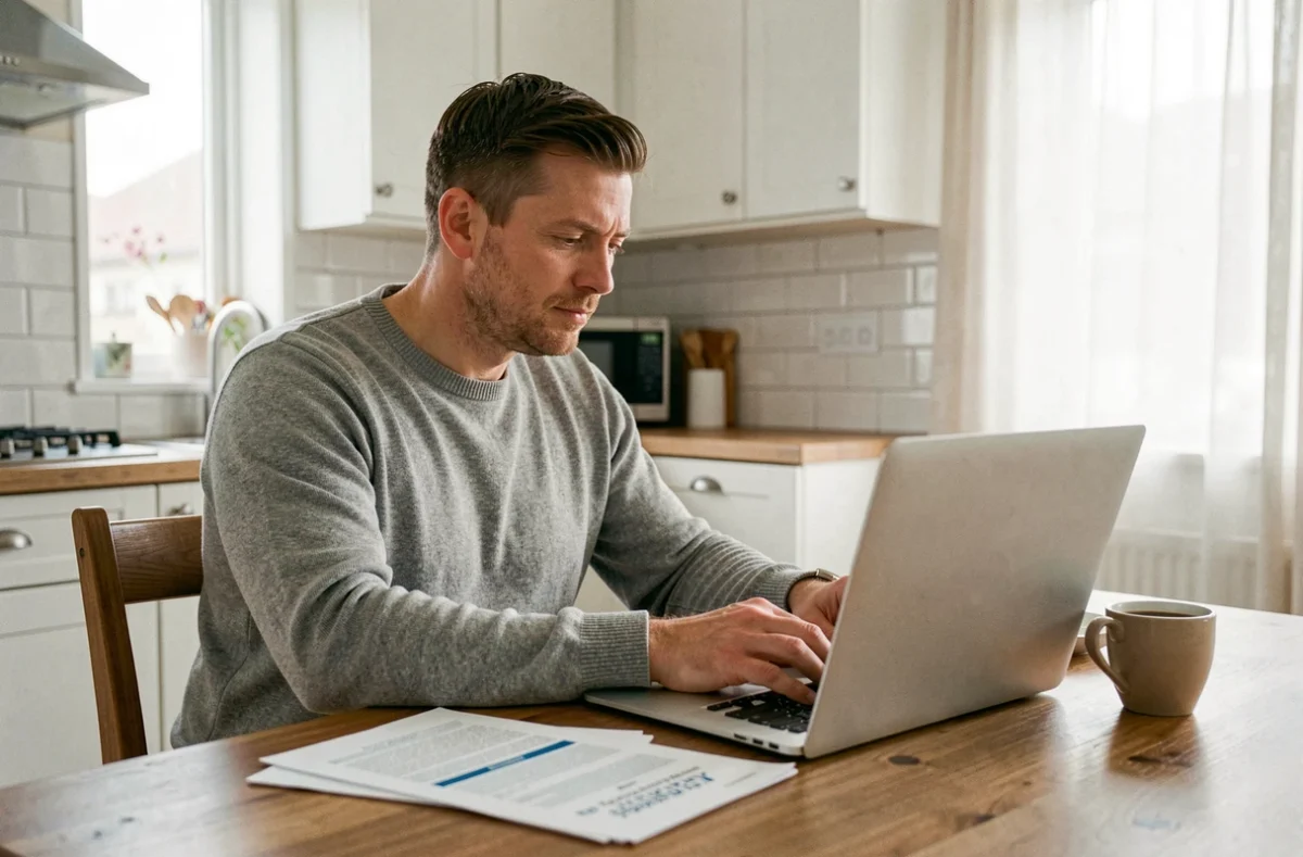 Homme comparant des offres d'assurance emprunteur en ligne depuis chez lui pour un rachat de crédit