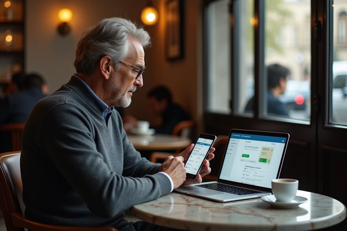 Professionnel comparant Progéliance Net sur ordinateur portable et l'application SG Pro sur smartphone dans un café parisien