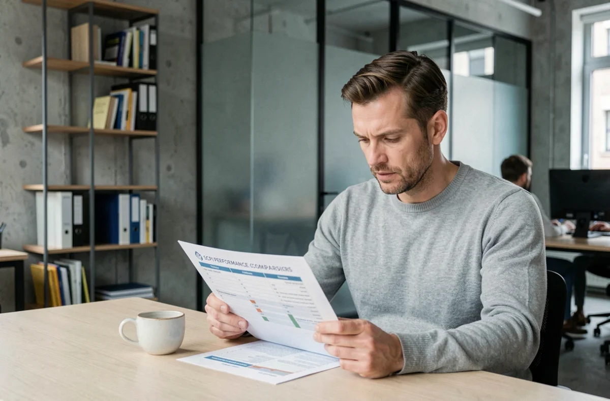Homme lisant un comparatif de SCPI dans un espace de coworking moderne