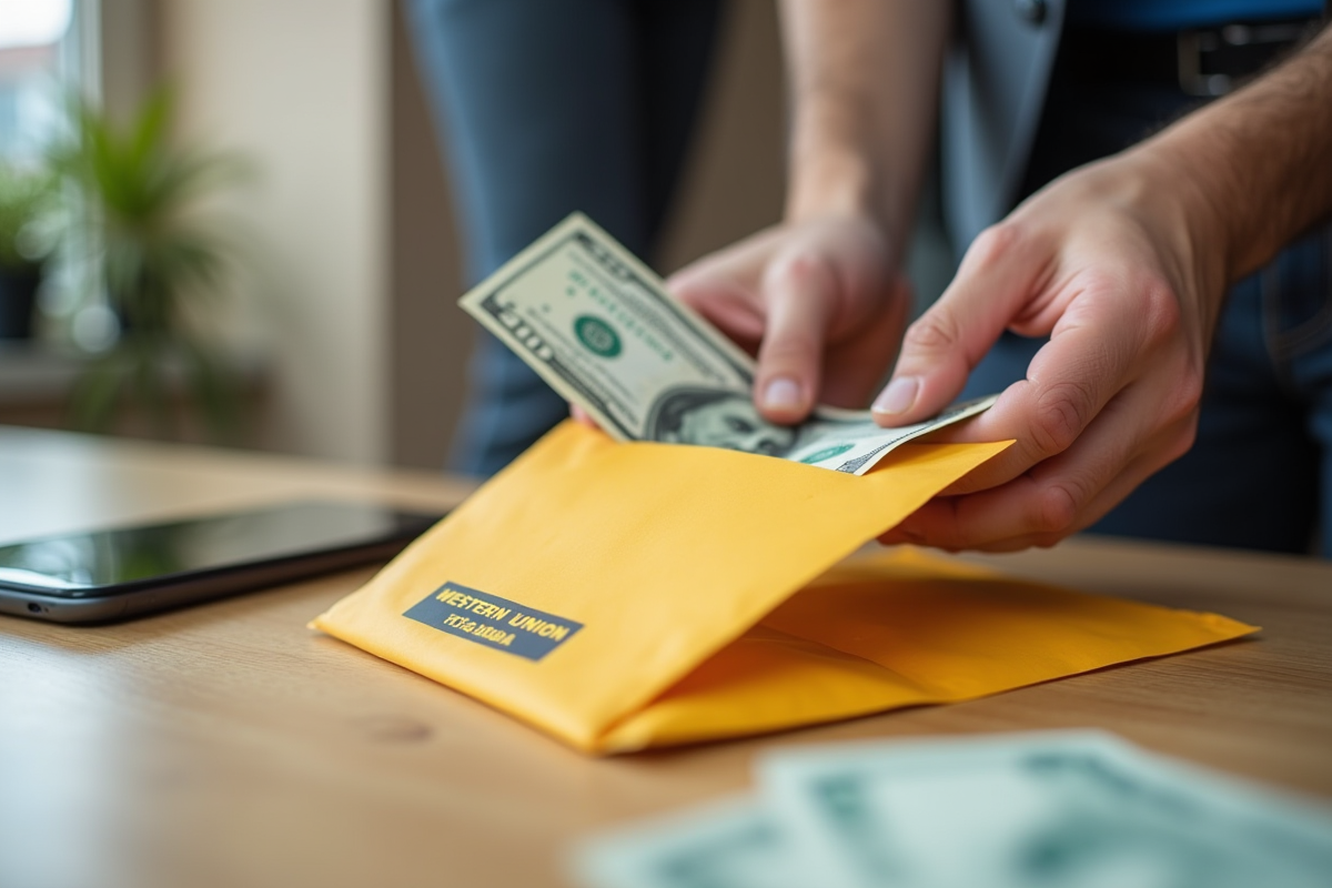 Mains comptant des billets avec une enveloppe Western Union