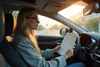 Conducteur pensif dans une voiture moderne avec documents d'assurance