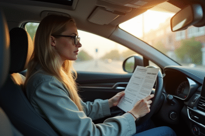Conducteur pensif dans une voiture moderne avec documents d'assurance