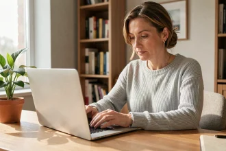 Femme connectée à son espace client bancaire en ligne sur un ordinateur portable dans un bureau à domicile