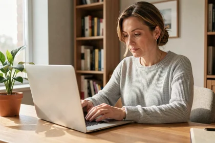 Femme connectée à son espace client bancaire en ligne sur un ordinateur portable dans un bureau à domicile