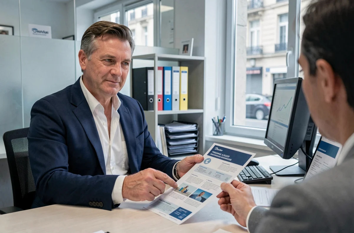 Conseiller en assurance expliquant les garanties d'une assurance accident de la vie à un client dans une agence française