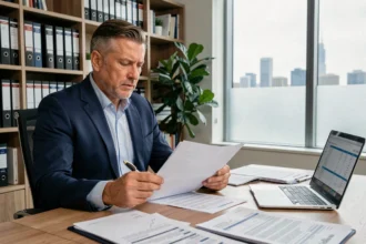 Conseiller financier analysant des documents de déficit foncier en SCPI dans un bureau moderne