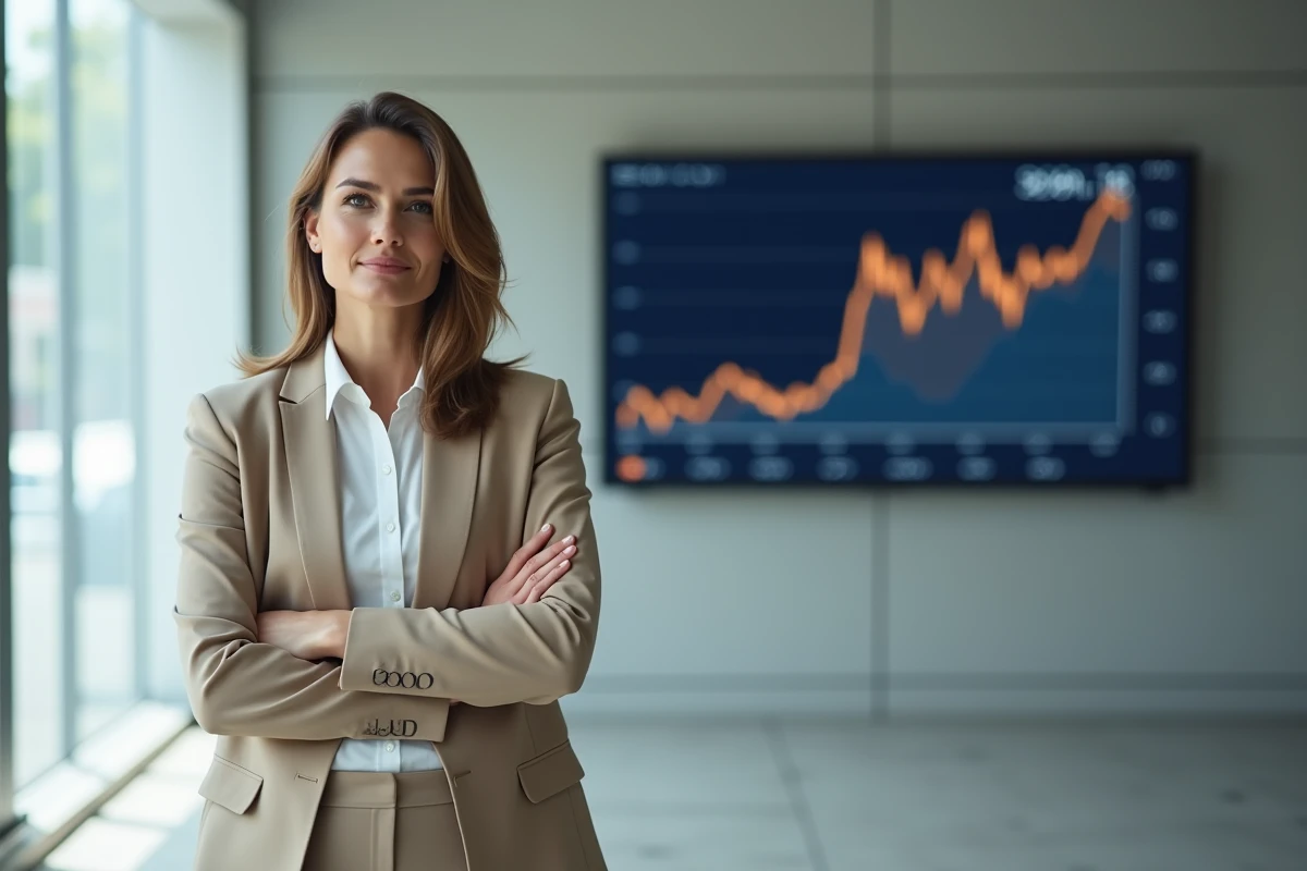 Conseillère bancaire devant un tableau de bord financier affichant l'évolution des taux Euribor 3 mois